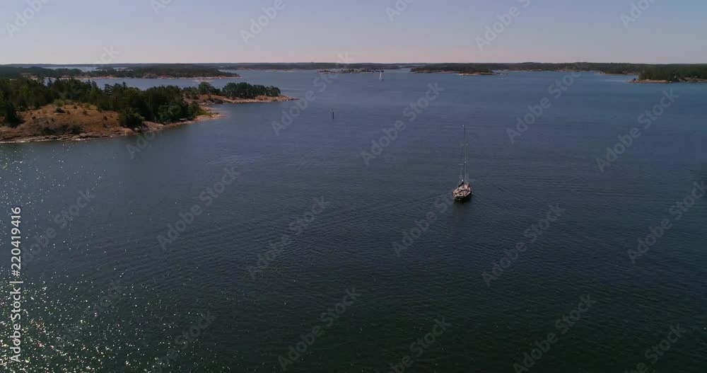 C4K aerial view of a Sailboat sailing between islands, in the finnish archipelago, on a sunny summer day, in Kasnas, Saaristomeri national park, Varsinais-suomi, Finland C4K aerial view of a Sailboat sailing between islands, in the finnish archipelago, on a sunny summer day, in Kasnas, Saaristomeri national park, Varsinais-suomi, Finland