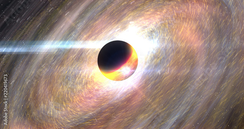 Foto A black hole in space with gamma ray beams, ionised gas matter disk and gravity distortion in spacetime