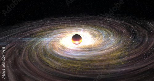 Valokuva A black hole in space with gamma ray beams, ionised gas matter disk and gravity distortion in spacetime