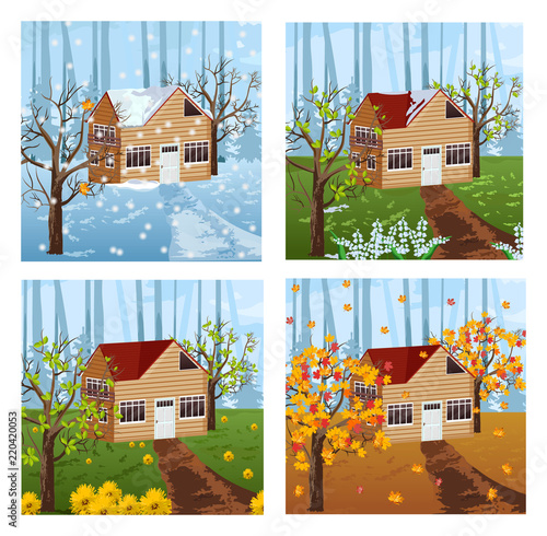 Wood house Vector all seasons background. Winter, summer, Spring and fall sea...