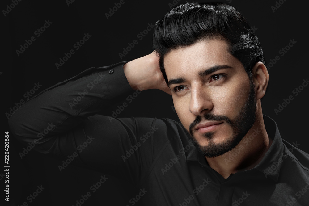 Men Hair Beauty. Handsome Male Model Touching Healthy Hair Men Hair Beauty. Handsome Male Model Touching Healthy Hair