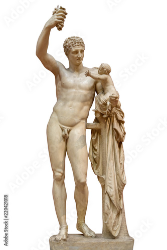Statue of Dionysus or Bacchus with bunch of grapes isolated on white