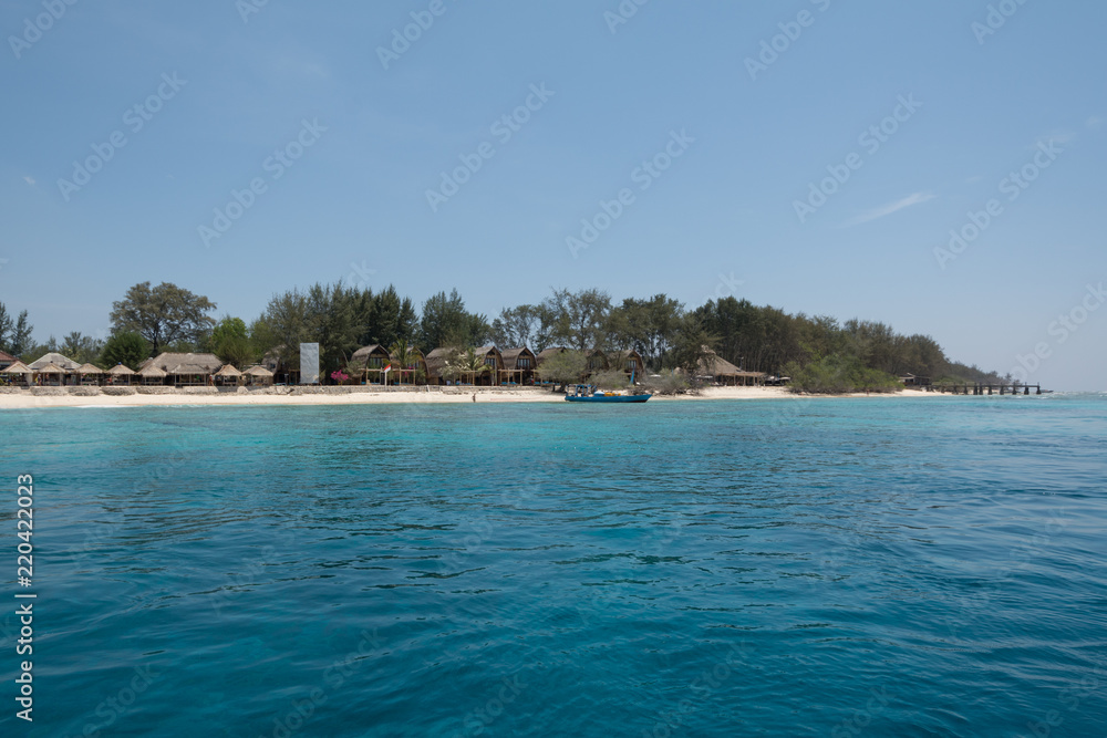 gili meno beach from water at gili island lombok in bali indonesia