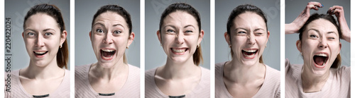 The collage of young woman's portraits with different happy emotions