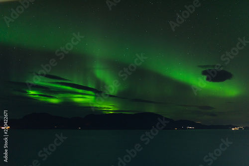 norwegian aurora borealis with mountains and water  view from hurtigruten ship boat  norway  europe  green northern lights