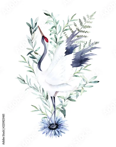 Fototapeta samoprzylepna Watercolor print with crane of eucalyptus branch. Japanese style. Hand drawn illustration
