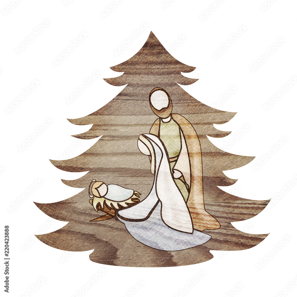 Christmas tree nativity scene with holy family on wood. Technical pyrography colored engraving Christmas tree nativity scene with holy family on wood. Technical pyrography colored engraving