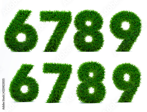 Number of grass alphabet. Grass numbers 6  7  8  9 isolated on white background. Symbol with the green lawn texture. 3D Render