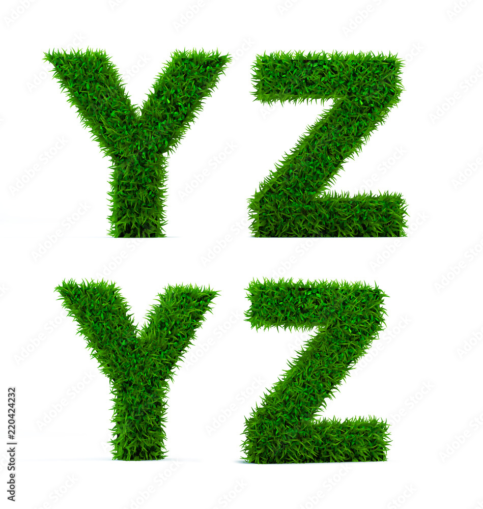 Letter of grass alphabet. Grass letter Y, Z isolated on white background. Symbol with the green lawn texture. 3D Render Letter of grass alphabet. Grass letter Y, Z isolated on white background. Symbol with the green lawn texture. 3D Render