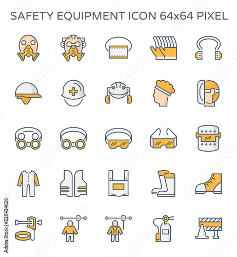 Safety equipment icon or personal protective equipment (PPE) in construction work. Consist of respirator, glove, hard hat, mask, vest, boot and harness etc. For protect worker from injury or infection