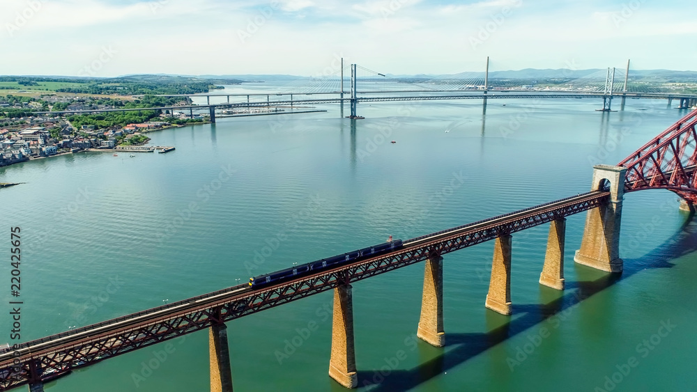 Aerial view of the Forth Railway Bridge near Edinburgh. A huge Victorian cantilever construction and now a World Heritage Site.
