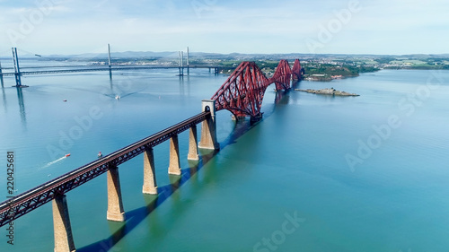 Aerial view of the Forth Railway Bridge near Edinburgh. A huge Victorian cantilever construction and now a World Heritage Site.