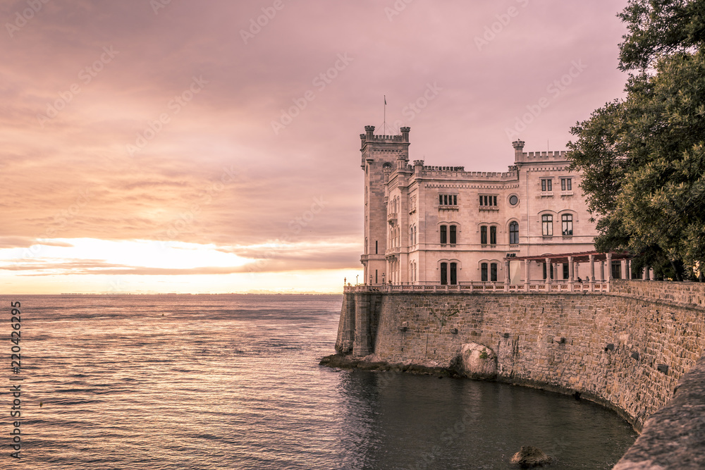 Miramare Castle at sunset in Trieste, Italy