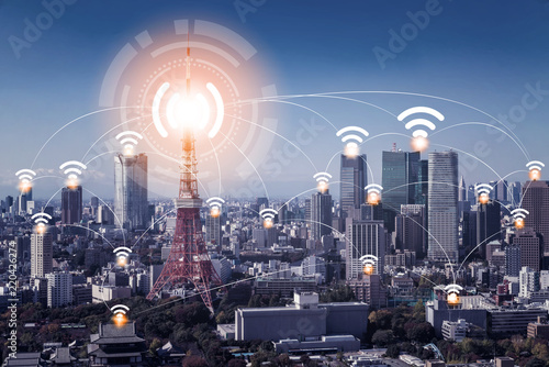 Canvas Print Smart city and wireless communication network.