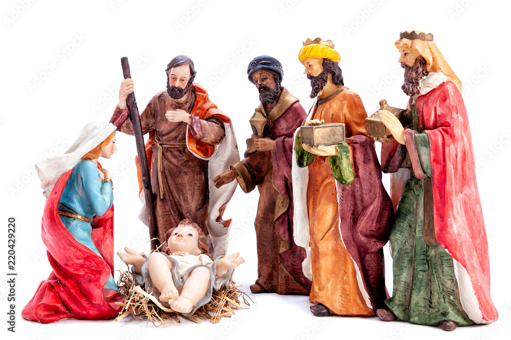 Christmas nativity scene with the Holy Family and the three wise men, isolated on white background