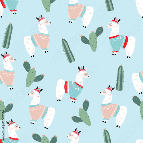 Blue hand drawn cute seamless pattern with llama, glasses,cactus in christmas