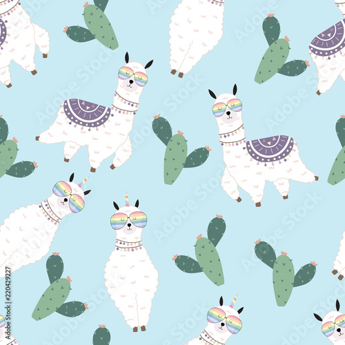 Blue hand drawn cute seamless pattern with llama, glasses,cactus in summer
