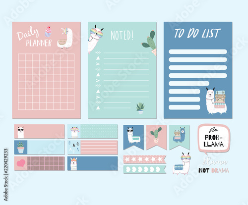 Printable and sticker with llama,alpaca,cactus,cake,heart in funny style. with wording llama not drama,no problem llama