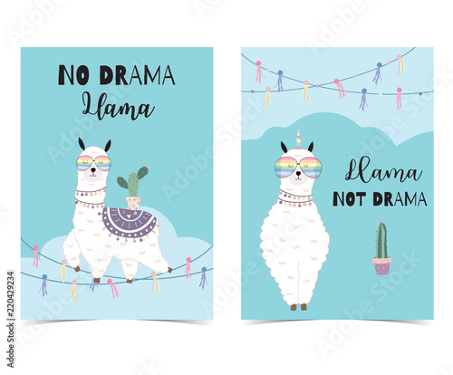 Black green hand drawn cute card with llama, glasses,cactus in summer.No drama llama, Llama not drama