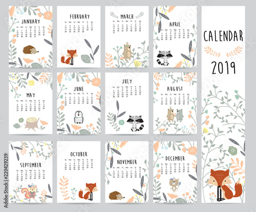 Chic monthly calendar 2019 with squirrel, fox, bear, skunk ,porcupine, penguin and wild