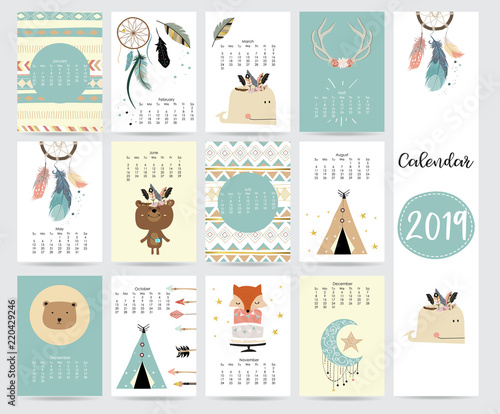 Chic monthly calendar 2019 with tent,whale,feather,arrow,dreamcatcher,fox,rabbit,cake and wild in boho and bohemian style
