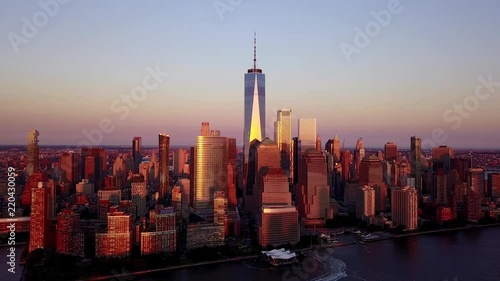 Sunset in New York City. Drone flyover lower Manhattan