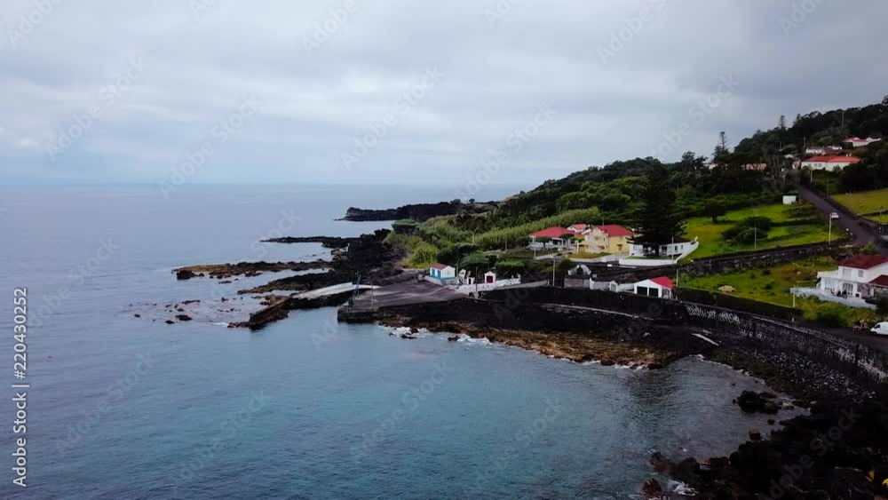 Aerial shot towards the coast at Manadas in Sao Jorge Island, Azores. Portugal Aerial shot towards the coast at Manadas in Sao Jorge Island, Azores. Portugal