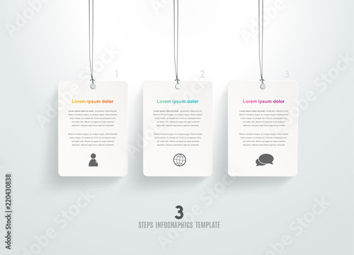 Three vector progress steps illustration with hanging cards,  icons and place for your company text.