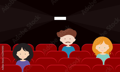 Flat design illustration of people sitting on red seats in cinema while showing film