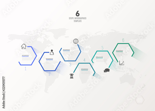 Six colorful hexagon vector progress steps illustration with icons and place for your company information. It can be used for presentation, web design, quotes, survey, banner, study.