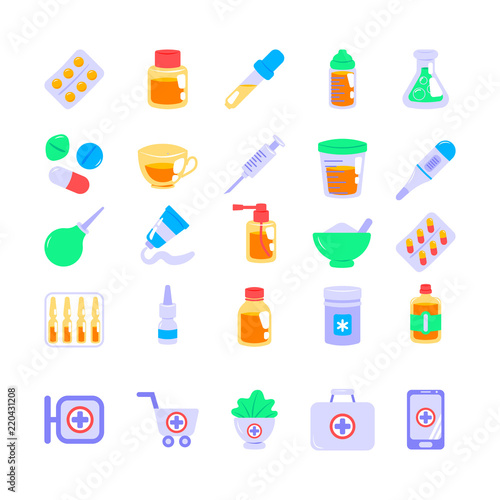 Set of pharmacy icons in flat style. Vector illustration