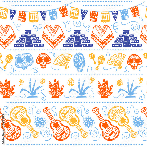 Vector seamless pattern for Mexico traditional celebration - dia de los muertos - with skull, maya pyramid, cacti, guitar isolated on white background. Good for packaging design, print, decor, web.