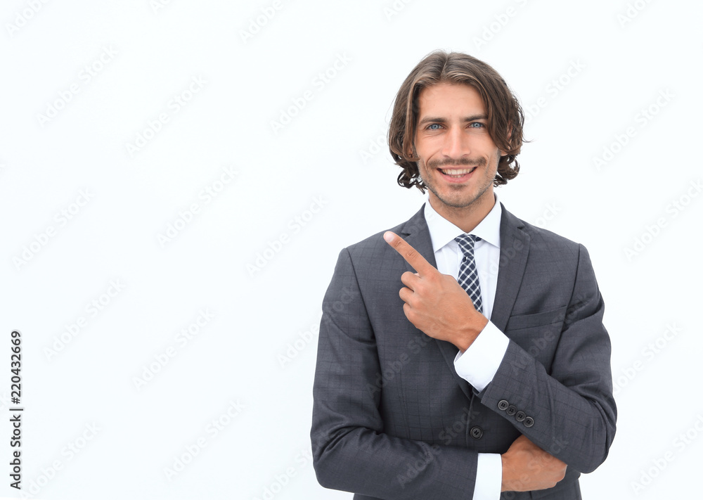 Handsome businessman showing finger point up Handsome businessman showing finger point up
