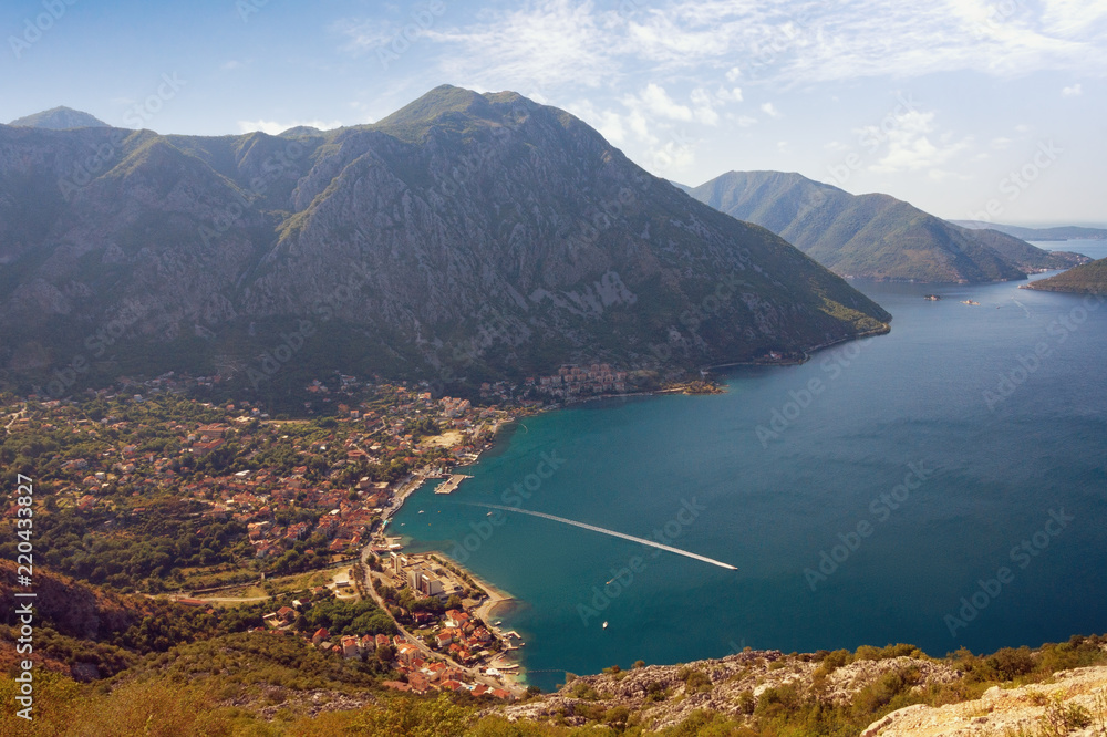 Summer Mediterranean landscape.  Montenegro, view of Kotor Bay and Risan town from mountain slope