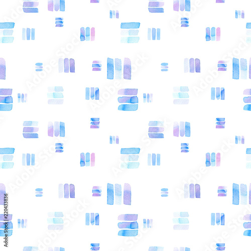 Seamless pattern with abstract geometric figures. Watercolor line-spots in the tiled pattern, chaotic order, blue and violet colors.