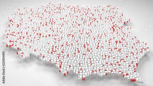 3D Map of Poland - Europe | 3d Rendering, mosaic of little bricks - White and flag colors. A number of 4895 little boxes are accurately inserted into the mosaic