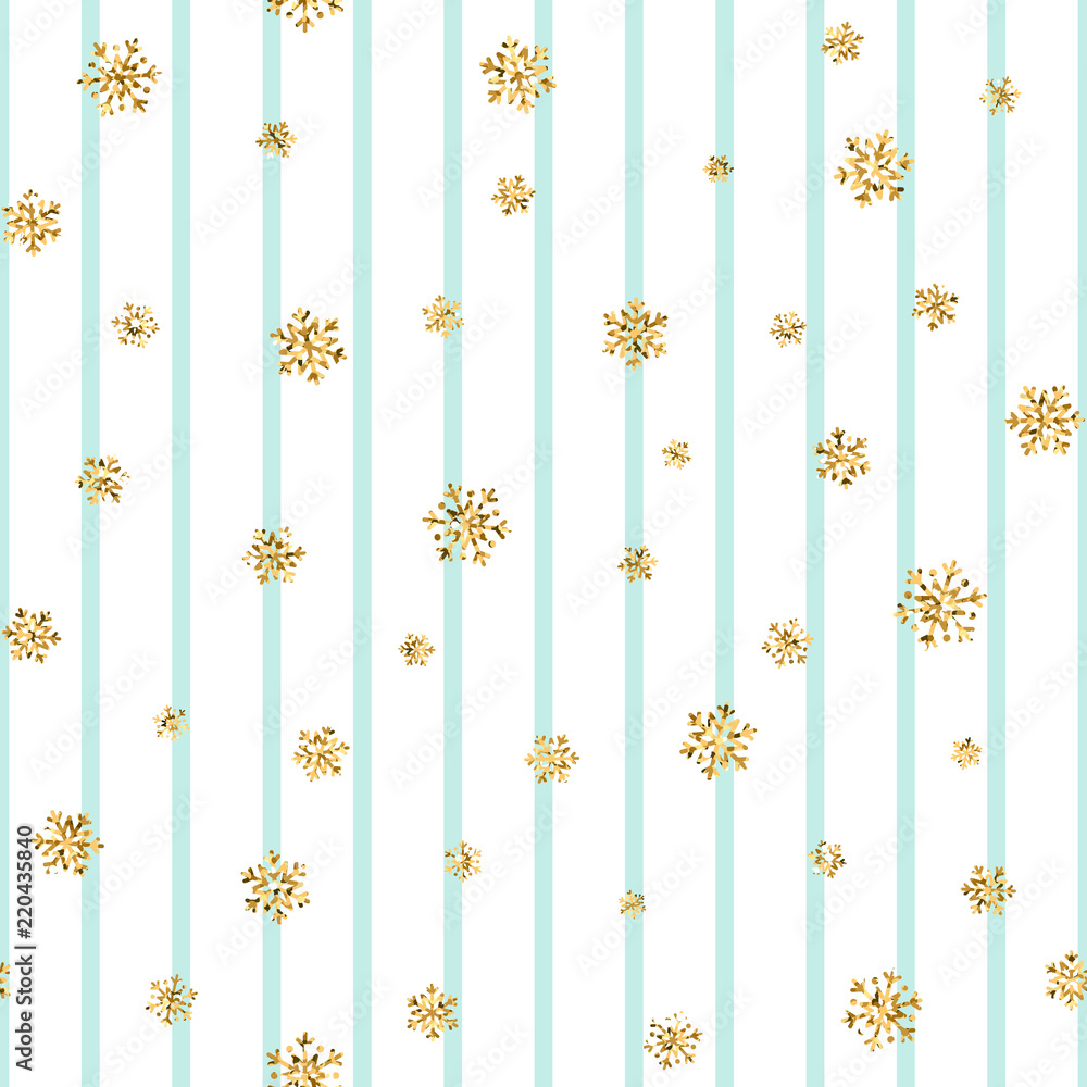 Christmas gold snowflake seamless pattern. Golden glitter snowflakes on blue white lines background. Winter snow texture design wallpaper Symbol holiday, New Year celebration. Vector illustration Christmas gold snowflake seamless pattern. Golden glitter snowflakes on blue white lines background. Winter snow texture design wallpaper Symbol holiday, New Year celebration. Vector illustration