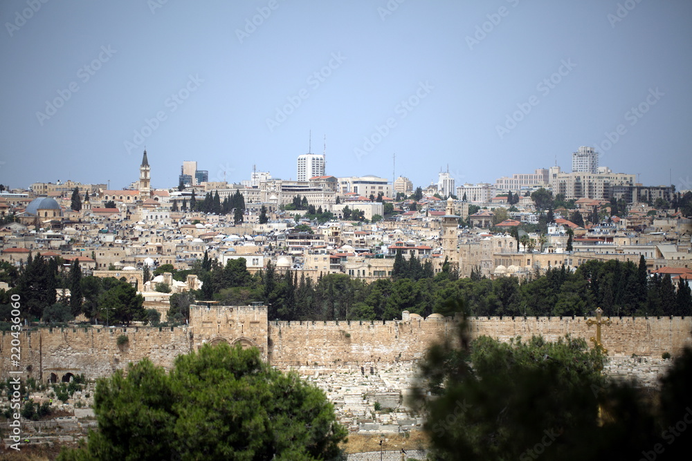 view of the old city of Jerusalem in Israel with an olive mountain