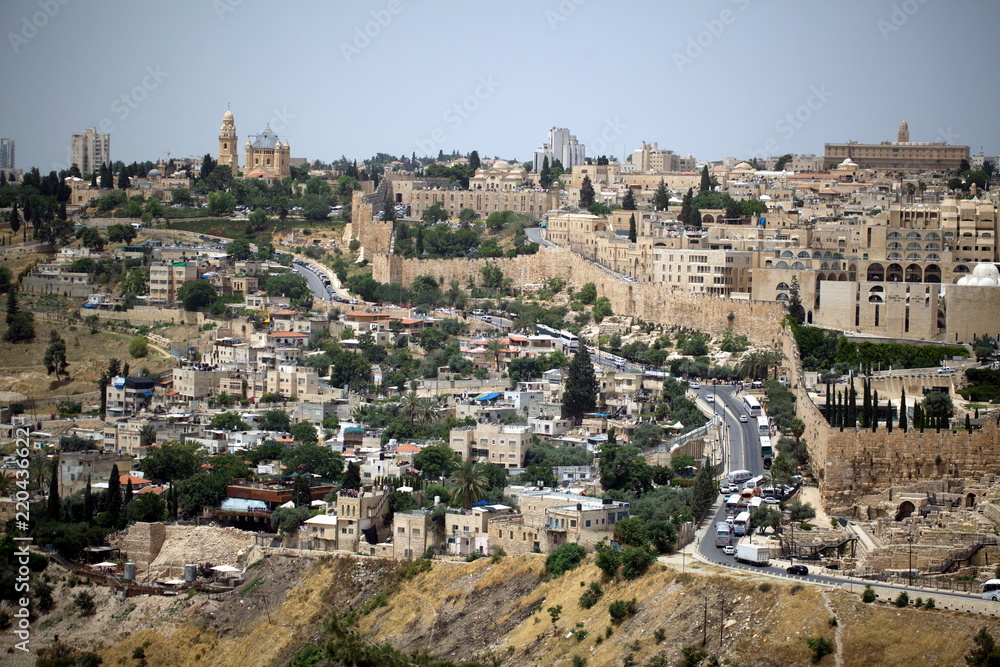 view of the old city of Jerusalem in Israel with an olive mountain.