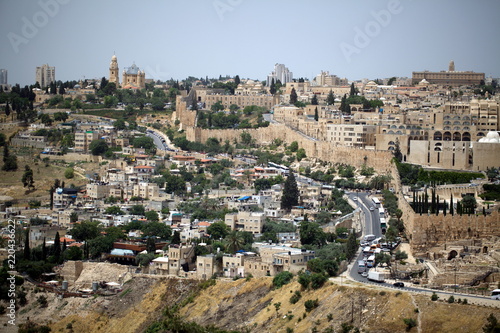 view of the old city of Jerusalem in Israel with an olive mountain.