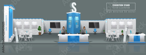 Grand Exhibition stand display mock up. High detailed 3d Vector illustration.