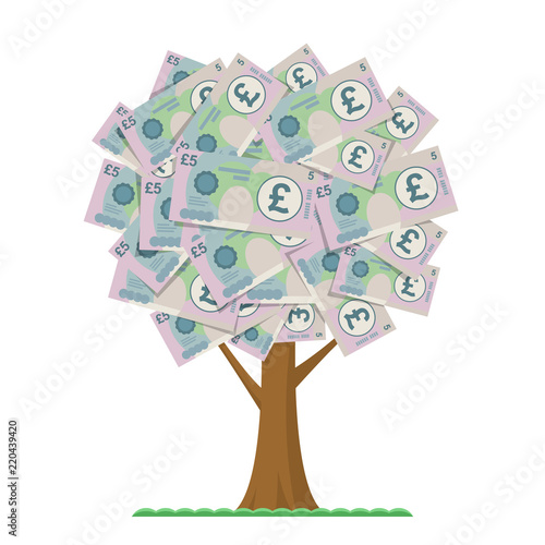 Money tree, pound banknotes instead of leaves isolated on white background. Growing currency conceptual design. Vector flat illustration.