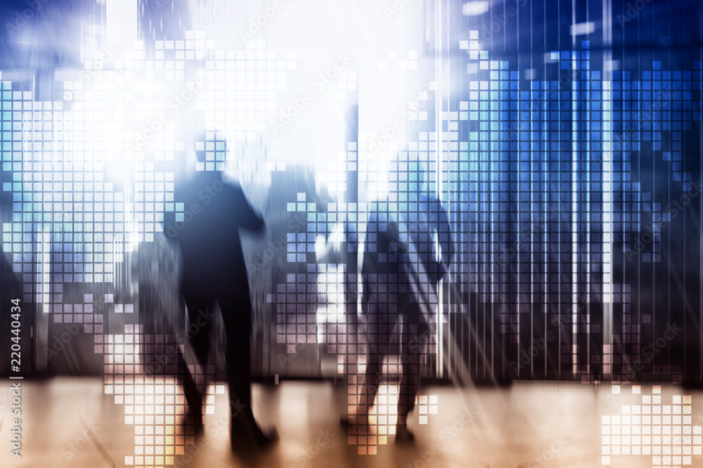 Double exposure world map on skyscraper background. Communication and global business concept. Double exposure world map on skyscraper background. Communication and global business concept.