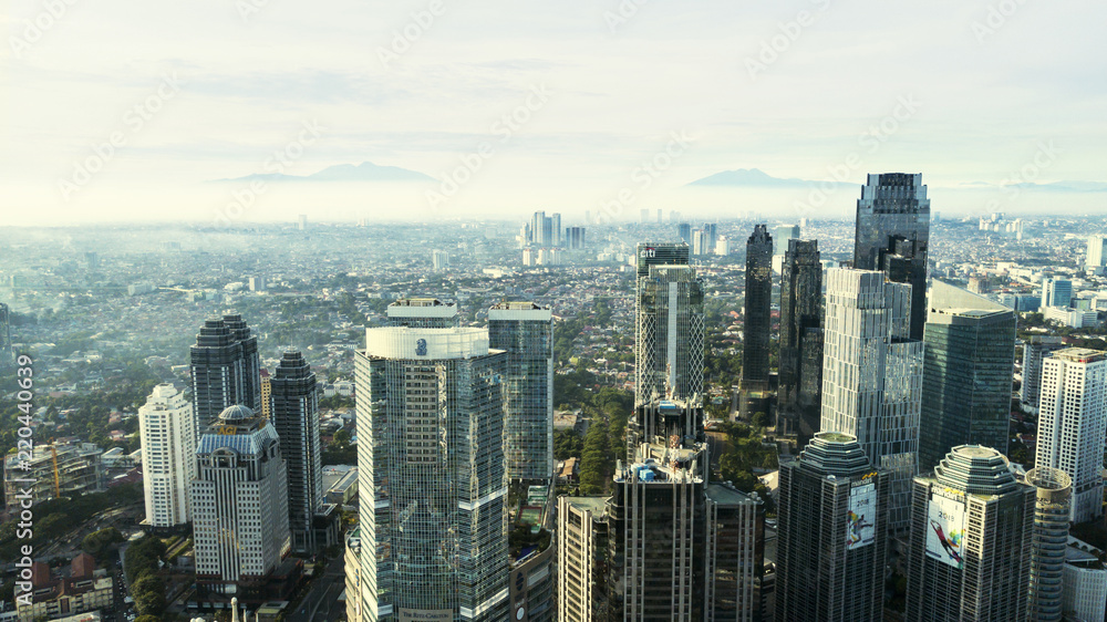 Jakarta Central Business District in misty morning