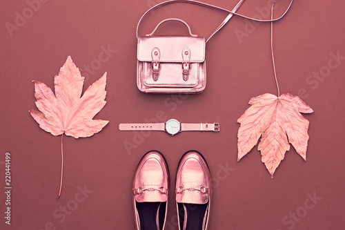 Autumn Fashion. Woman Gold Accessories Set. Minimal Creative Flat lay. Trendy Handbag, Glamour Shoes, Stylish Watch. Luxury Fall Hipster Girl Outfit, Maple Leaf.