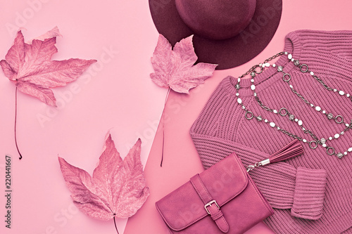Autumn Lady Outfit, Maple Leaf. Woman Clothes Accessories Set. Fashion Knit Jumper, Trendy Handbag, Glamour Hat. Minimal Creative Flat lay. Fall Burgundy color.