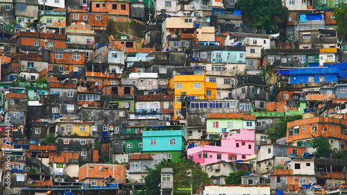 Aerial view of Rio's Rocinha favela, on a sunny afternoon. photo