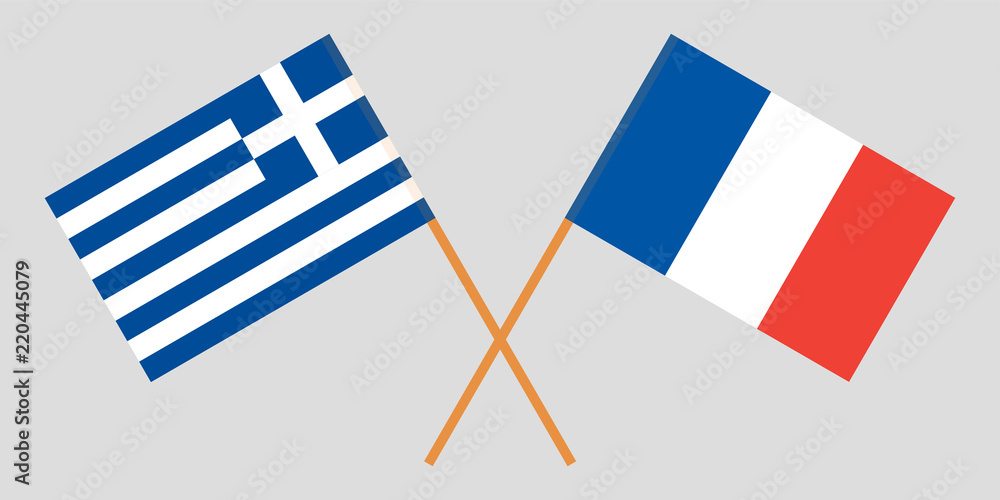 Greece and France. Crossed Greek and French flags. Official colors. Correct proportion. Vector