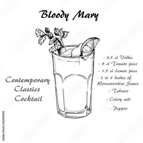 Cocktail bloody mary in sketch style for menu, cocktail cards.