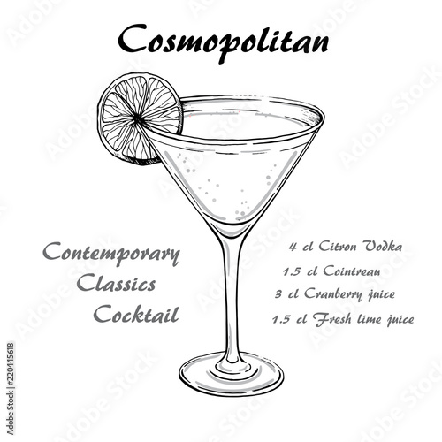 Hand drawn illustration of cocktail Cosmopoitan.